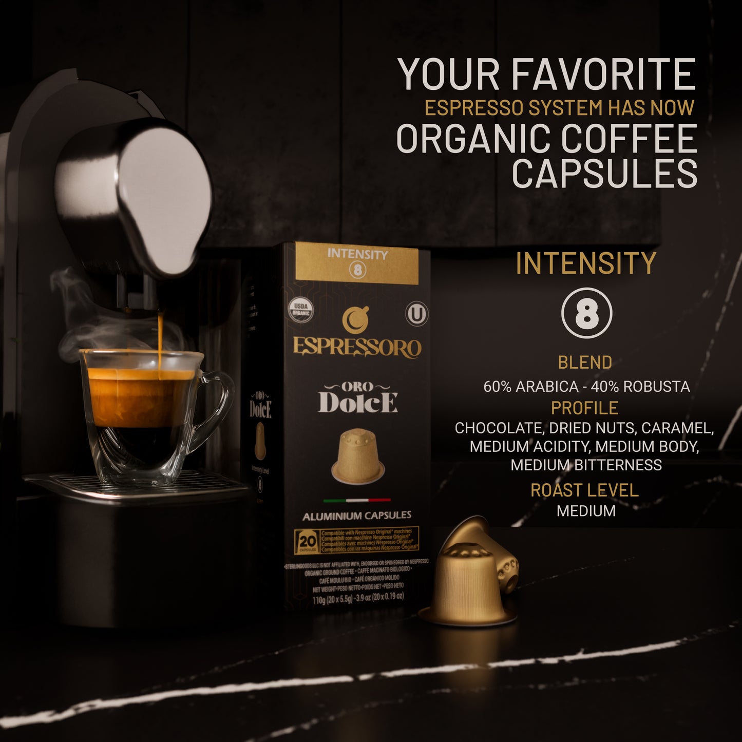 ESPRESSORO USDA Organic Espresso Compatible Pods - 100 Ct ORO DOLCE - Aluminium Coffee capsules compatible with Nespresso Original Line