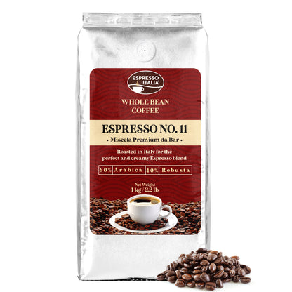 Espresso Italia Whole Bean Coffee - Espresso No.11 - Miscela Premium da Bar - Product of Italy. 1 kilo bag with valve