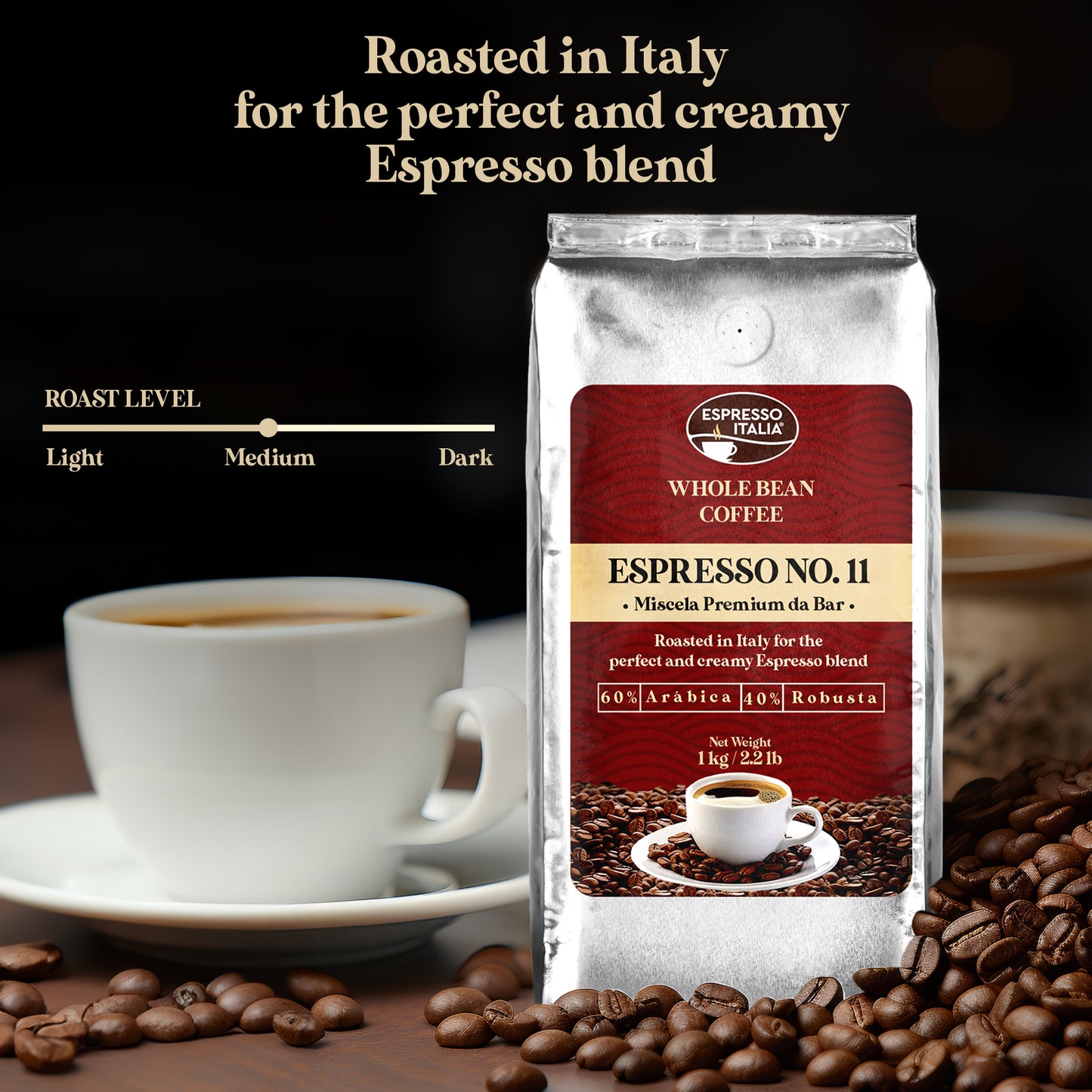 Espresso Italia Whole Bean Coffee - Espresso No.11 - Miscela Premium da Bar - Product of Italy. 1 kilo bag with valve