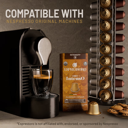 ESPRESSORO USDA Organic Espresso Compatible Pods - 100 Ct ORO INTENSO - Aluminium Coffee capsules compatible with Nespresso Original Line