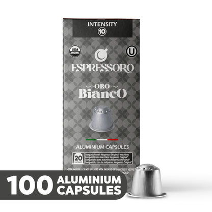 ESPRESSORO USDA Organic Espresso Compatible Pods - 100 Ct ORO BIANCO - Aluminium Coffee capsules compatible with Nespresso Original Line