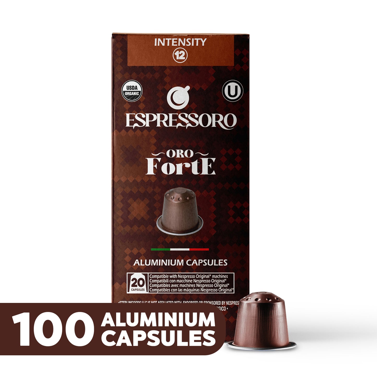 ESPRESSORO USDA Organic Espresso Compatible Pods - 100 Ct ORO FORTE - Aluminium Coffee capsules compatible with Nespresso Original Line