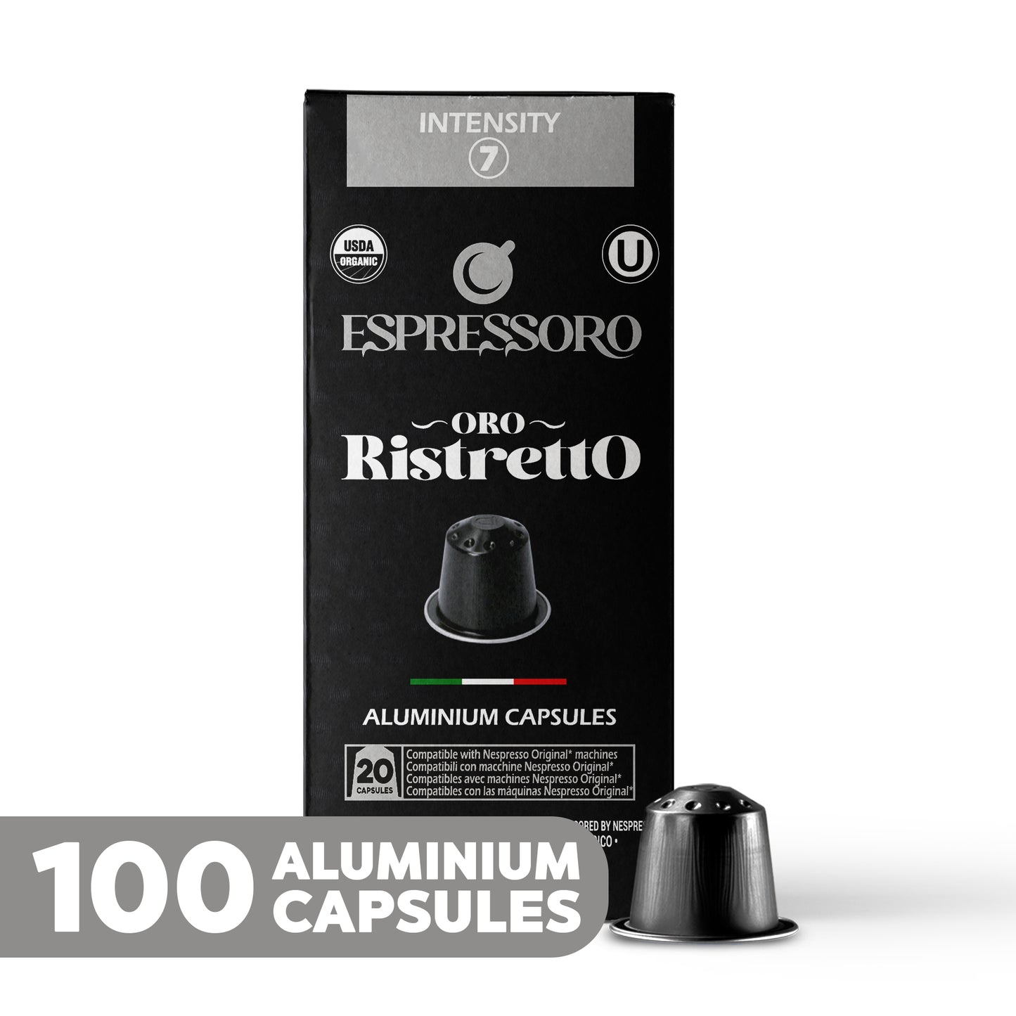 ESPRESSORO USDA Organic Espresso Compatible Pods - 100 Ct ORO RISTRETTO - Aluminium Coffee capsules compatible with Nespresso Original Line