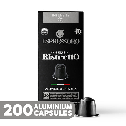 ESPRESSORO USDA Organic Espresso Compatible Pods - 200 Ct ORO RISTRETTO - Aluminium Coffee capsules compatible with Nespresso Original Line