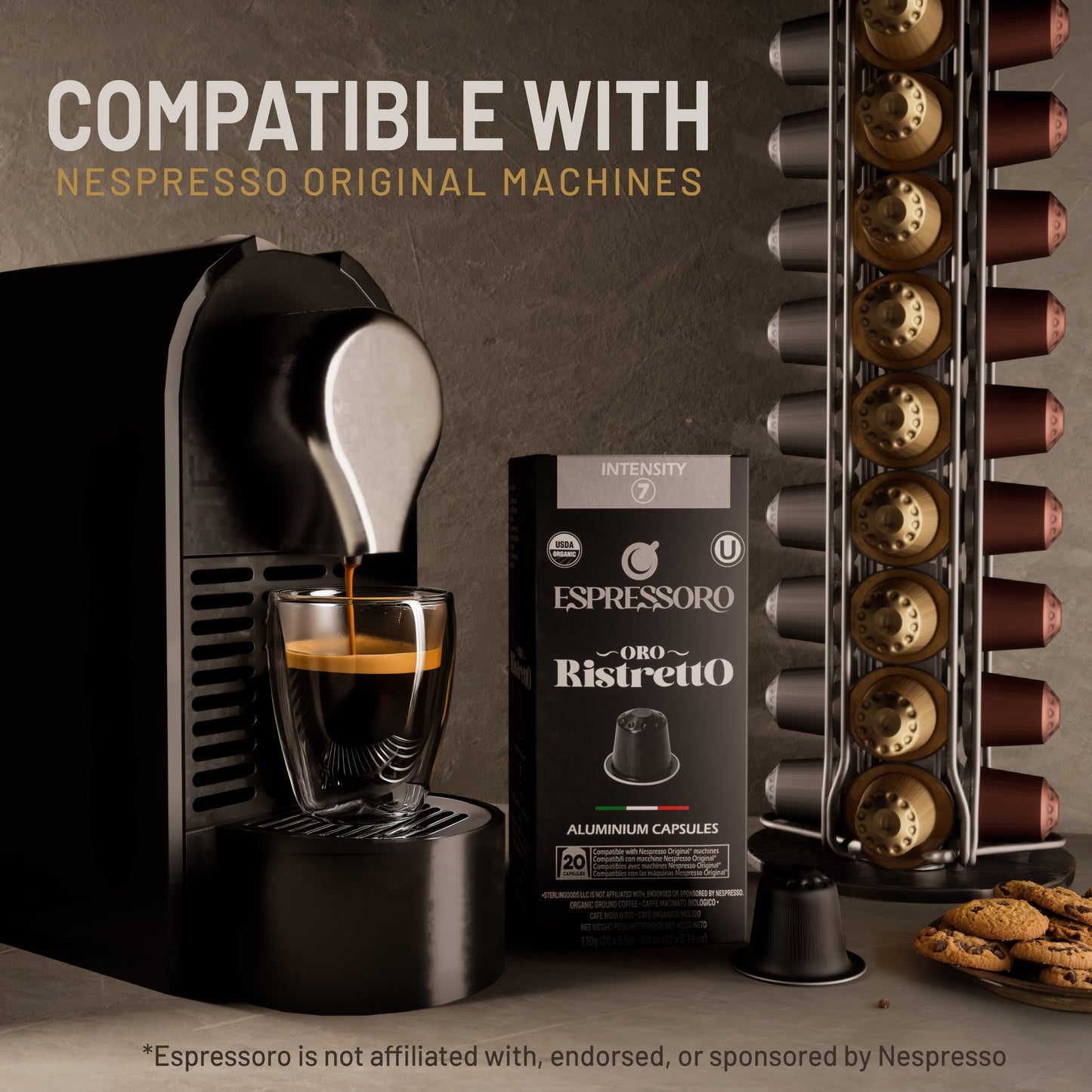 ESPRESSORO USDA Organic Espresso Compatible Pods - 200 Ct ORO RISTRETTO - Aluminium Coffee capsules compatible with Nespresso Original Line