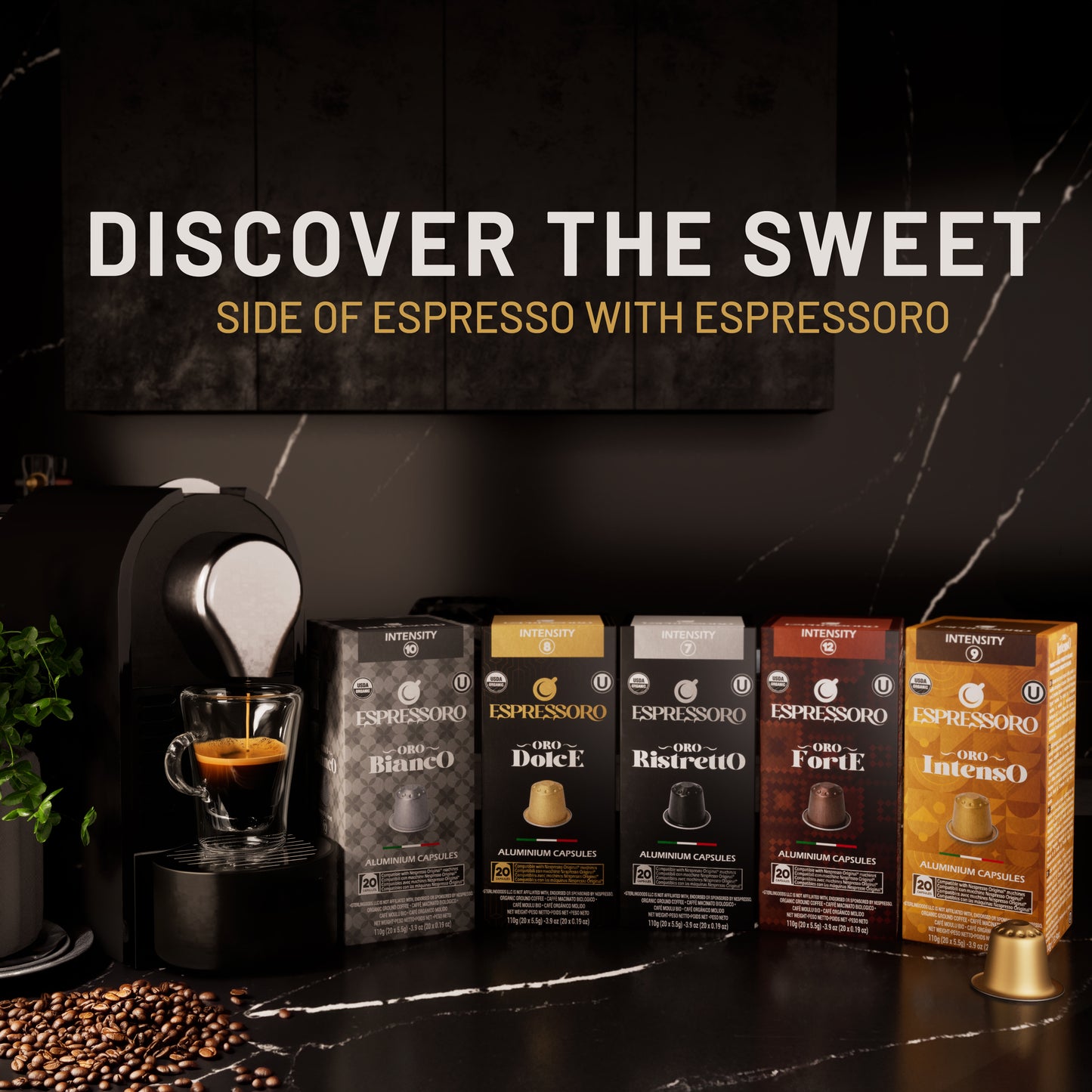 ESPRESSORO USDA Organic Espresso Compatible Pods - 200 Ct ORO BIANCO - Aluminium Coffee capsules compatible with Nespresso Original Line