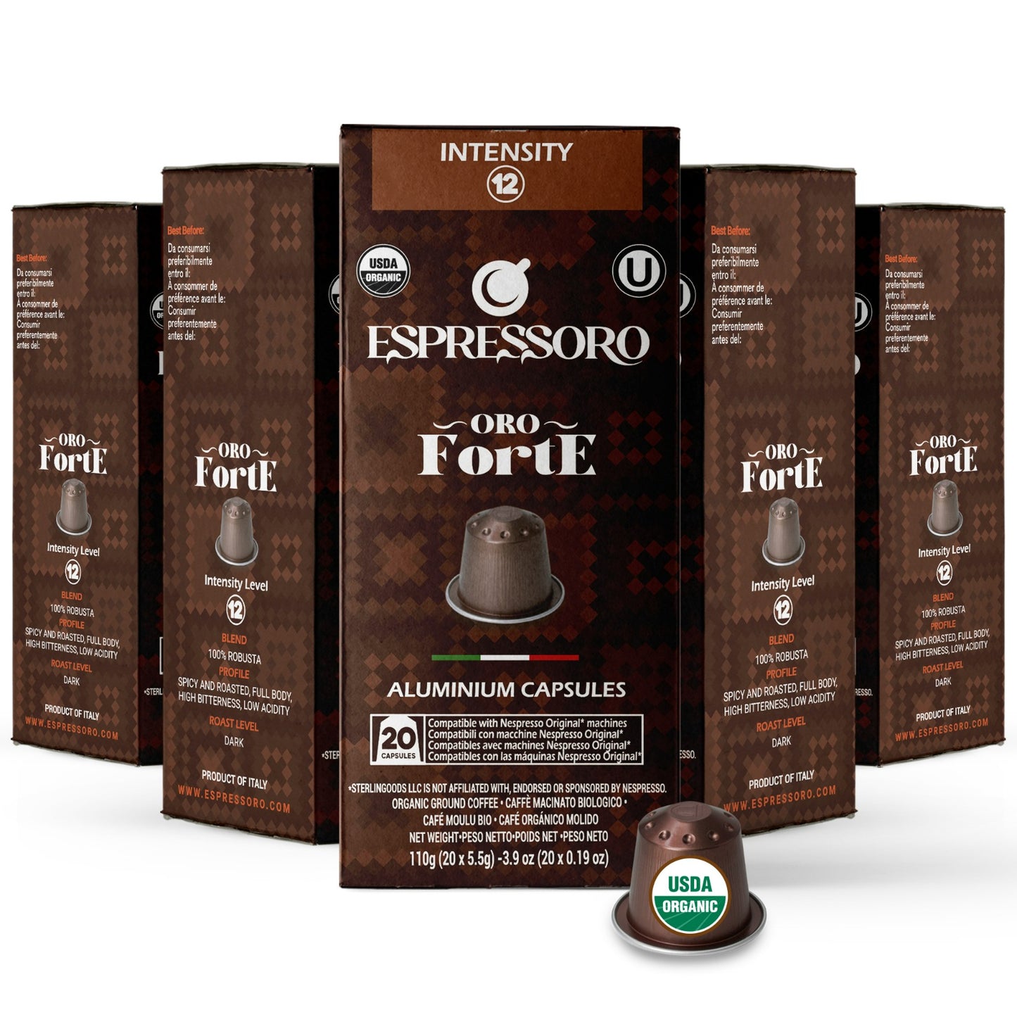 ESPRESSORO USDA Organic Espresso Compatible Pods - 100 Ct ORO FORTE - Aluminium Coffee capsules compatible with Nespresso Original Line