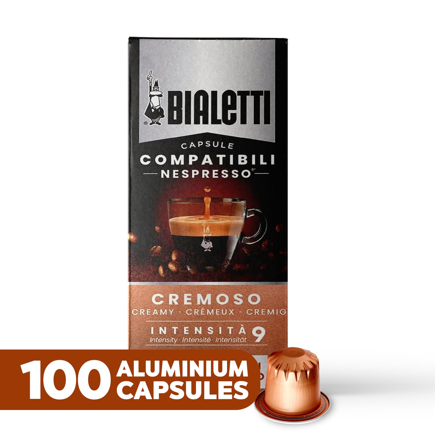 BIALETTI Espresso Compatible Pods - 100 Ct CREMOSO - Aluminium Coffee capsules compatible with Nespresso Original Line