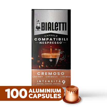 BIALETTI Espresso Compatible Pods - 100 Ct CREMOSO - Aluminium Coffee capsules compatible with Nespresso Original Line