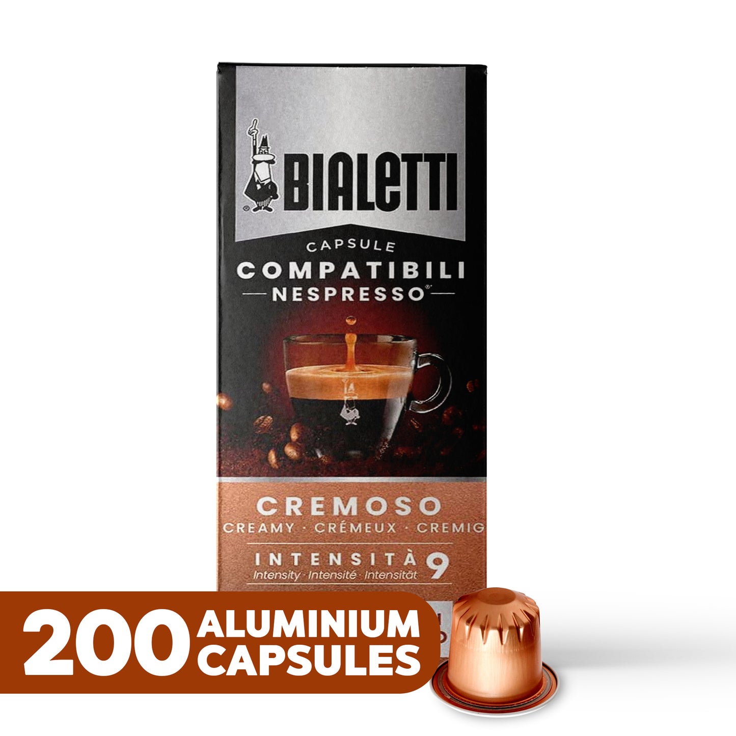 BIALETTI Espresso Compatible Pods - 200 Ct CREMOSO - Aluminium Coffee capsules compatible with Nespresso Original Line