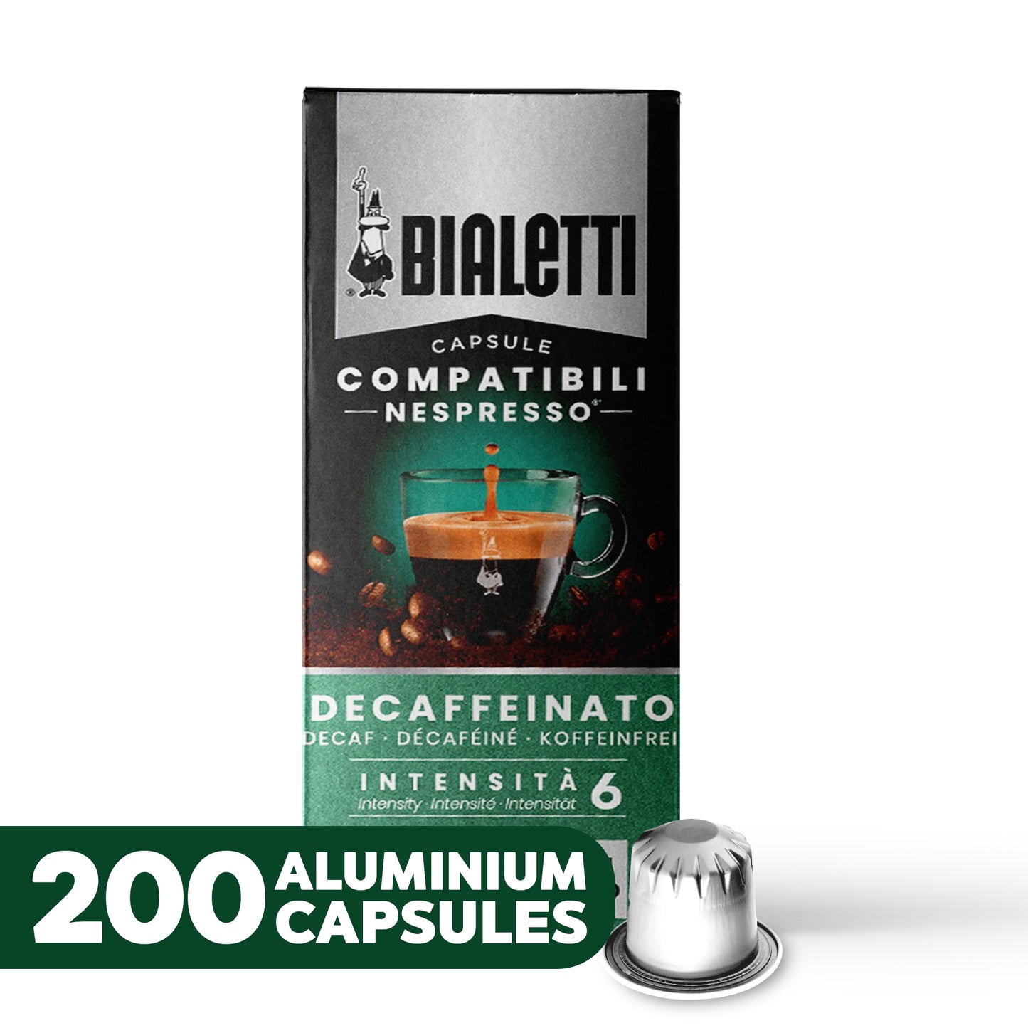 BIALETTI Espresso Compatible Pods - 200 Ct DECAFFEINATO- Aluminium Coffee capsules compatible with Nespresso Original Line