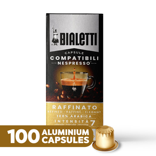 BIALETTI Espresso Compatible Pods - 100 Ct RAFFINATO- Aluminium Coffee capsules compatible with Nespresso Original Line