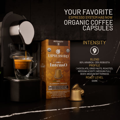 ESPRESSORO USDA Organic Espresso Compatible Pods - 100 Ct ORO INTENSO - Aluminium Coffee capsules compatible with Nespresso Original Line