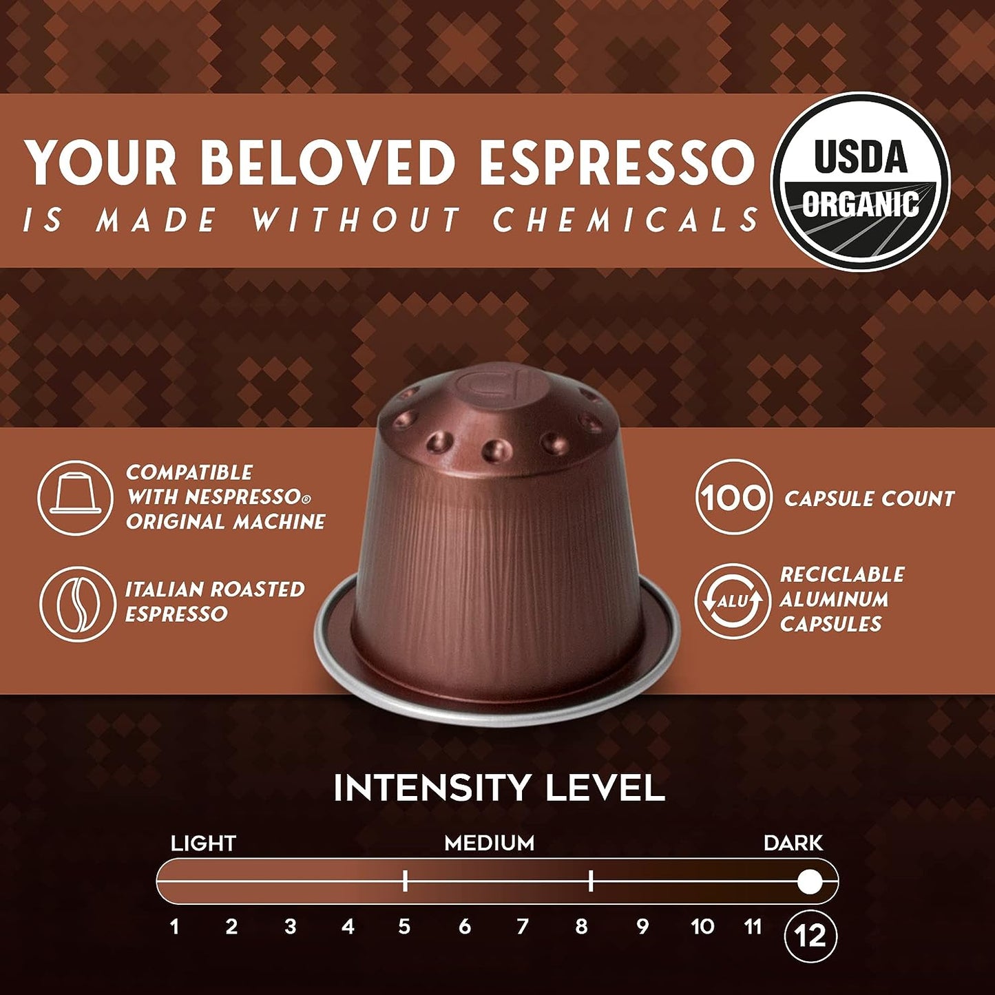 ESPRESSORO USDA Organic Espresso Compatible Pods - 100 Ct ORO FORTE - Aluminium Coffee capsules compatible with Nespresso Original Line